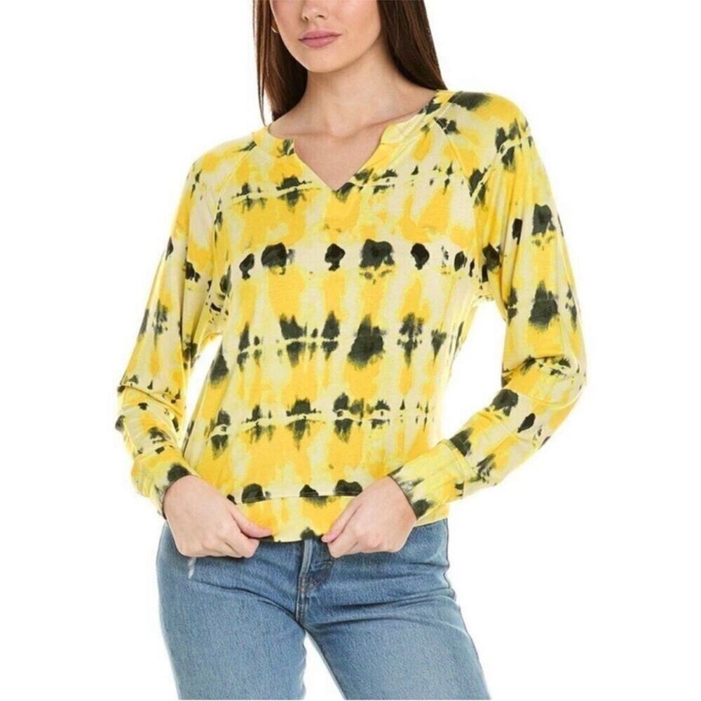 Cabi Atomic yellow black white tie dye v neck knit top size Large #6122